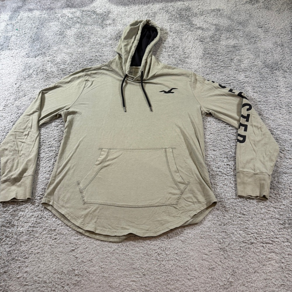 Hollister Mens Hooded Long Sleeve T-Shirt Size M Olive Green Graphic Logo Cotton
